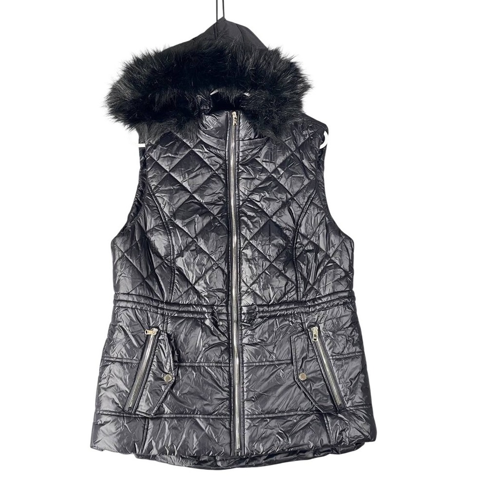 Black Quilted Puffer Vest Faux Fur Trim Hood Zipper Pockets Women Mob‎ Wife Sz L